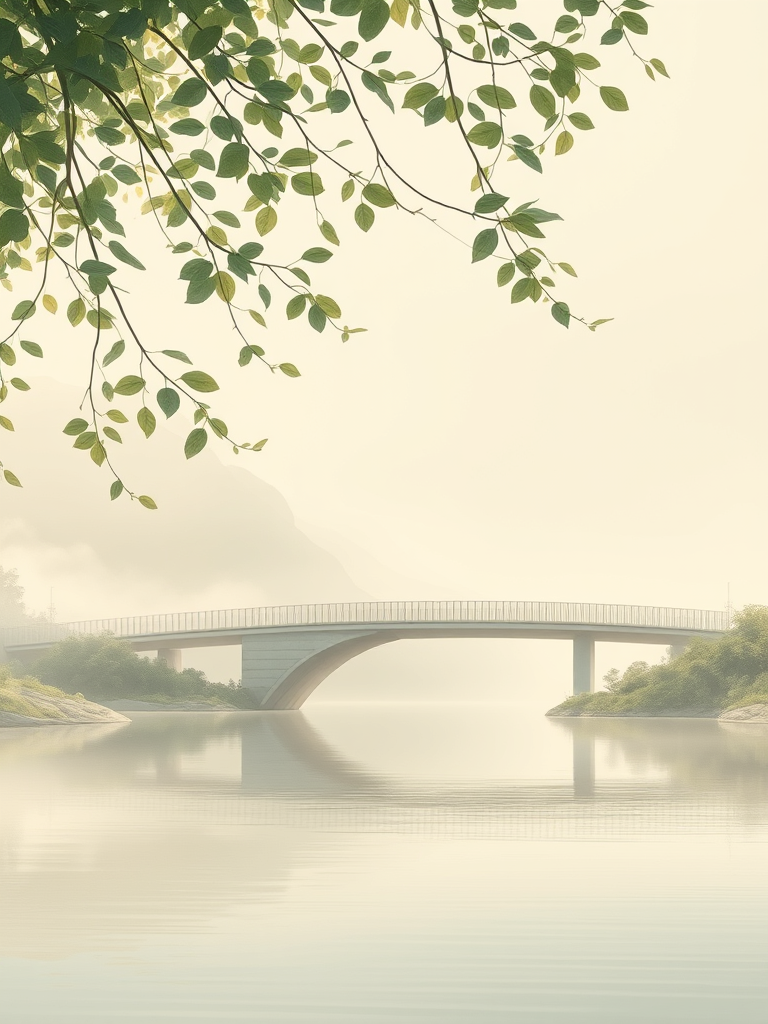 a serene and modern abstract visual representing the concept of 'Future Bridge,' featuring a soft, dreamy landscape with a minimalist bridge structure extending across a calm body of water, with leaves, mist, and sunlight, muted earth tones like gentle greens, beiges, and light blues, designed in a modern Japanese minimalism style with an international corporate aesthetic, in a wide horizontal format suitable for a website hero banner, no text
