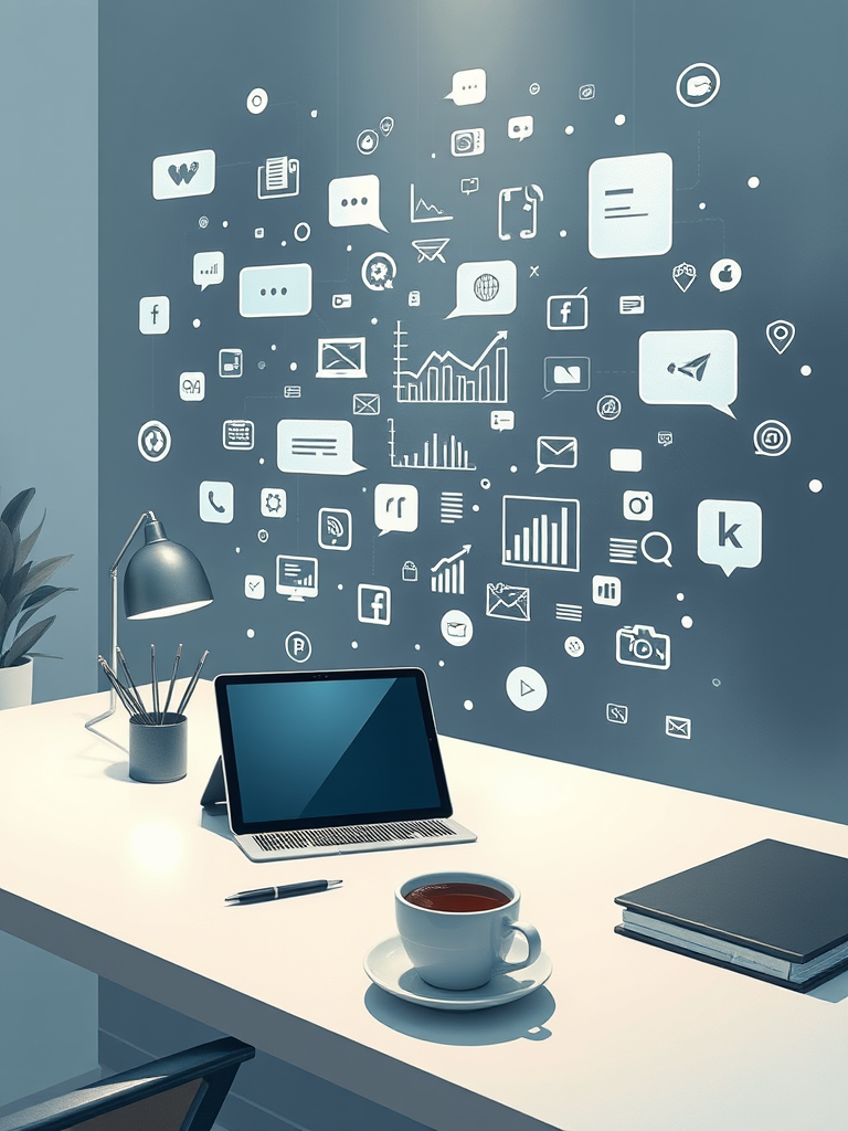 A visually inspiring digital media workspace scene that blends creativity and technology. The setting includes an abstract flow of icons, light particles, and visual elements like speech bubbles, graphs, and storytelling scenes floating around a minimalist desk equipped with a tablet, pen, and coffee. The atmosphere is designed to feel smart, calm, and connected, symbolizing content creation, social connection, and future communication. The color palette features soft blue, black, off-white, and warm neutrals. The image is futuristic but human-centric with a wide layout, and no text.